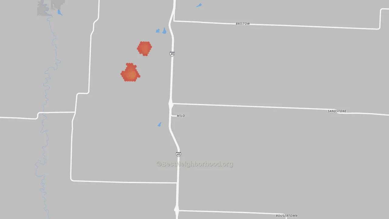 Walk Grade map of Milo, MO, walkable areas in green and car-dependent areas in red