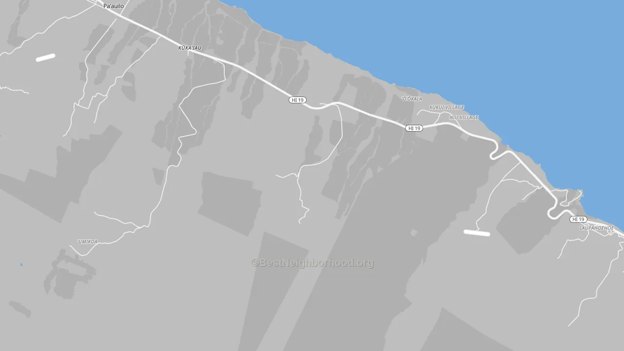 Walk Grade map of Milo Village, HI, walkable areas in green and car-dependent areas in red