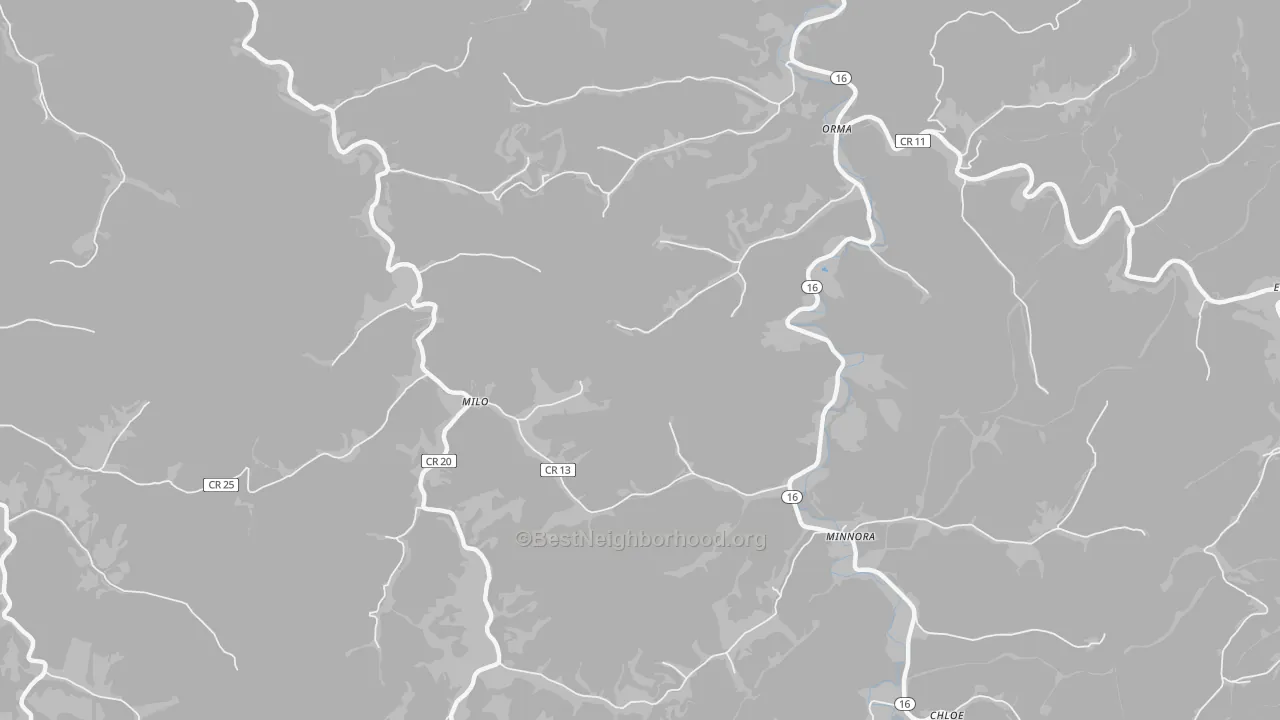 Walk Grade map of Milo, WV, walkable areas in green and car-dependent areas in red