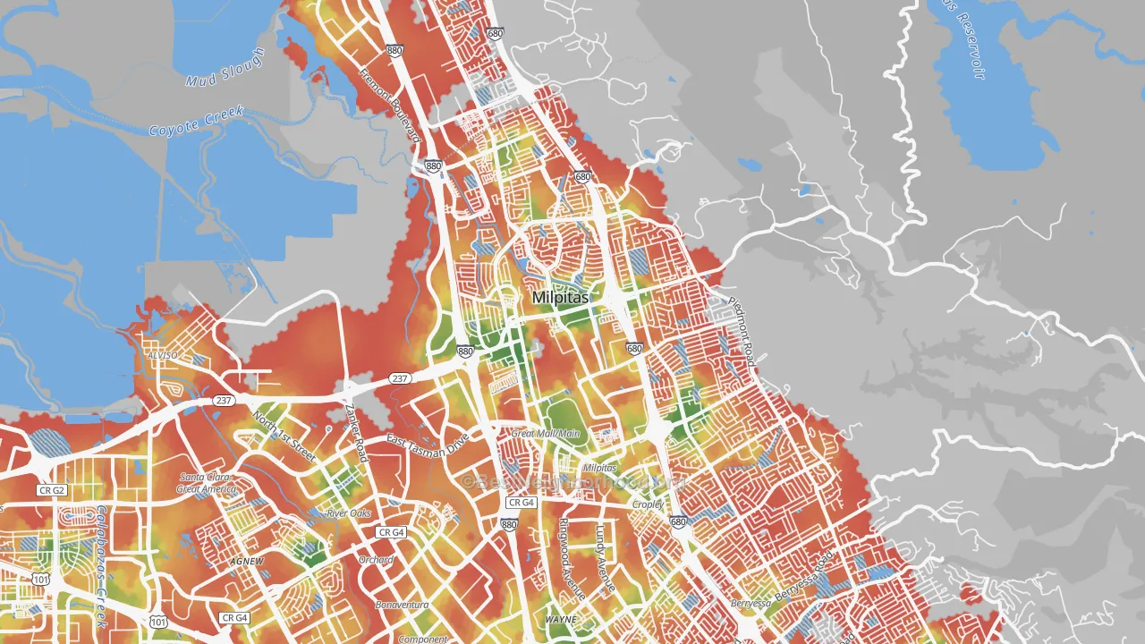 Walk Grade map of Milpitas, CA, walkable areas in green and car-dependent areas in red