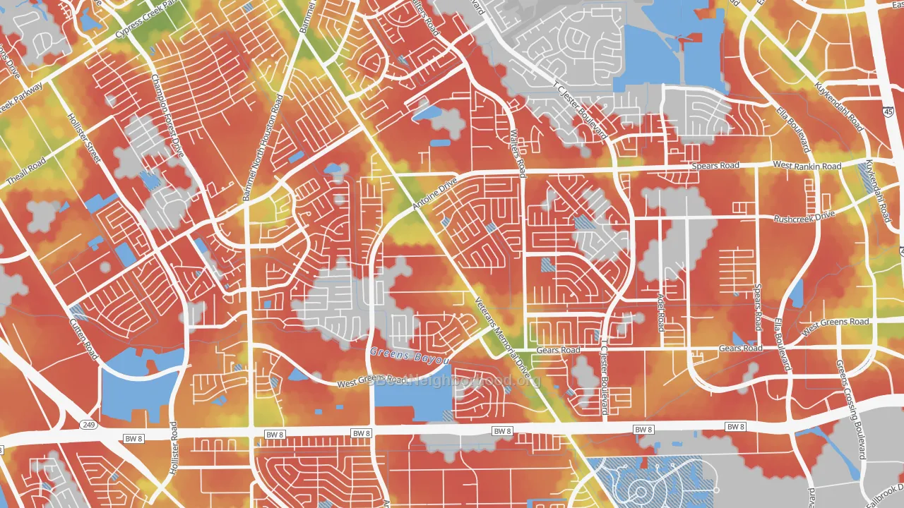 Walk Grade map of Milroy Farms, Houston, TX, walkable areas in green and car-dependent areas in red
