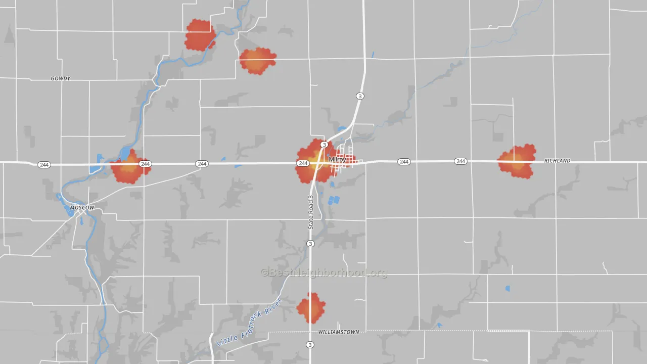 Walk Grade map of Milroy, IN, walkable areas in green and car-dependent areas in red