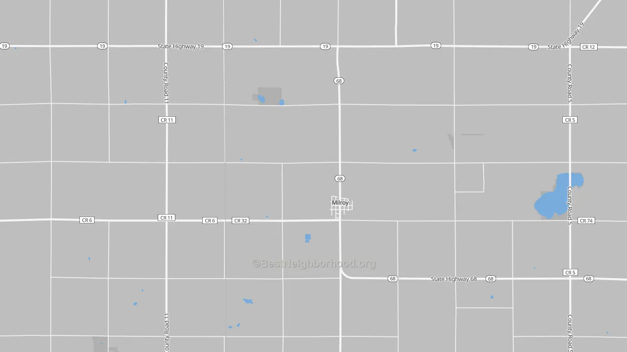 Walk Grade map of Milroy, MN, walkable areas in green and car-dependent areas in red