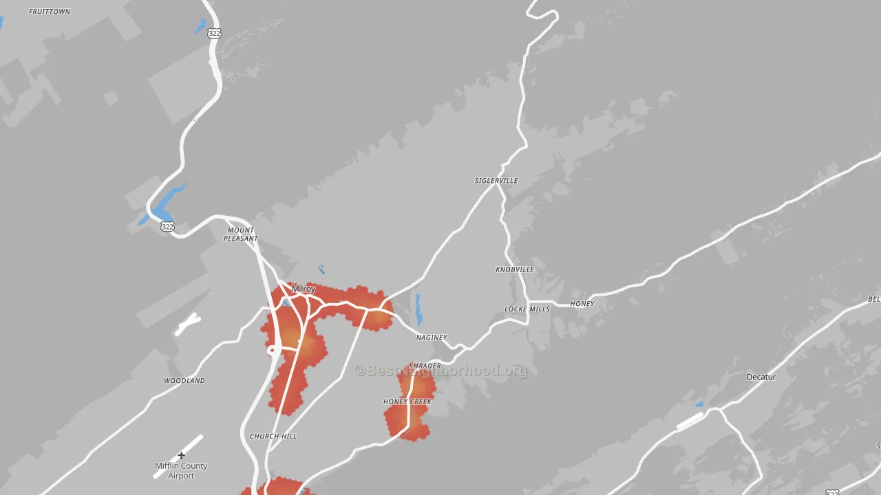 Walk Grade map of Milroy, PA, walkable areas in green and car-dependent areas in red