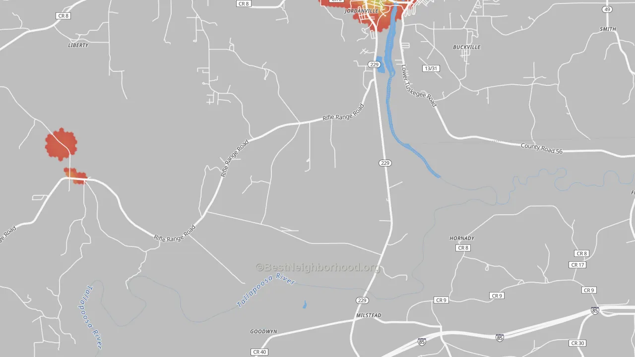 Walk Grade map of Milstead, AL, walkable areas in green and car-dependent areas in red
