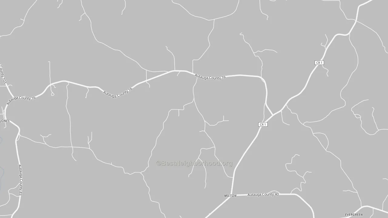 Walk Grade map of Milton, AL, walkable areas in green and car-dependent areas in red