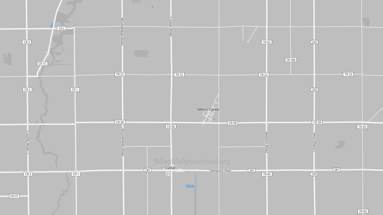 Walk Grade map of Milton Center, OH, walkable areas in green and car-dependent areas in red