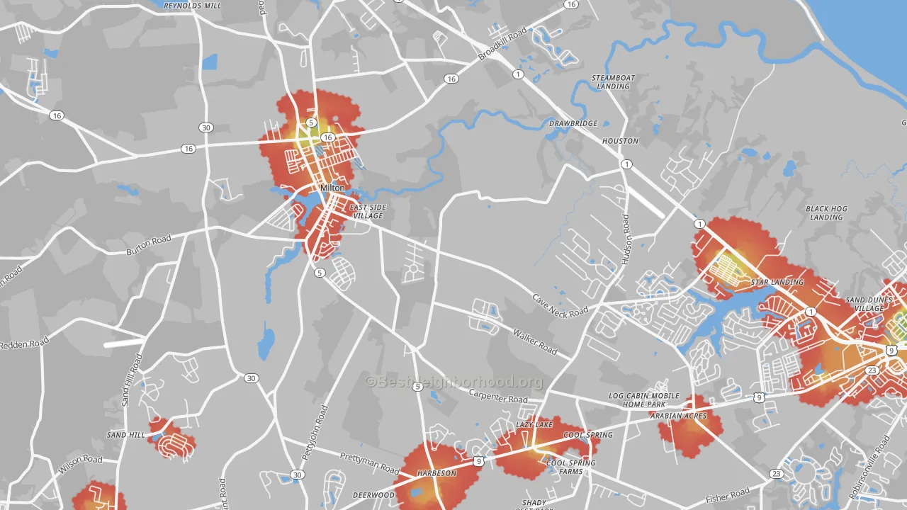 Walk Grade map of Milton, DE, walkable areas in green and car-dependent areas in red