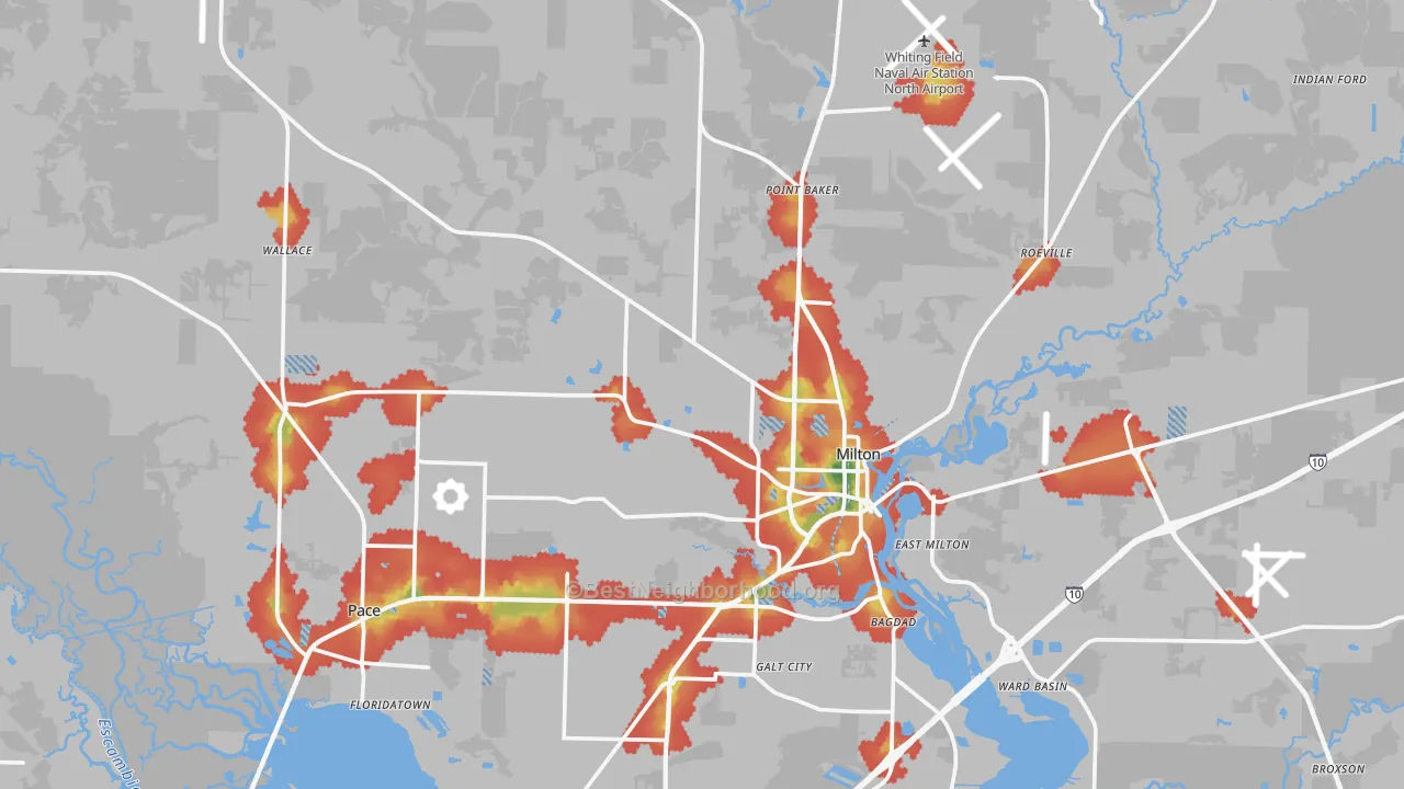 Walk Grade map of Milton, FL, walkable areas in green and car-dependent areas in red