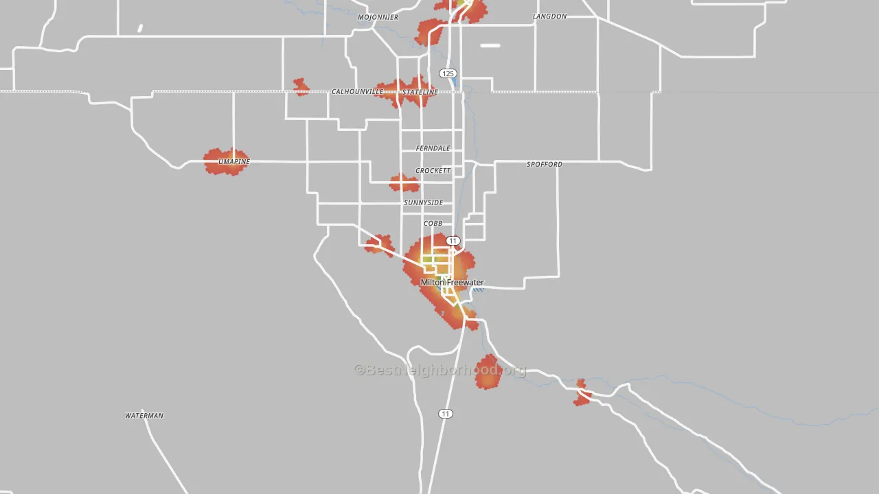 Walk Grade map of Milton-Freewater, OR, walkable areas in green and car-dependent areas in red