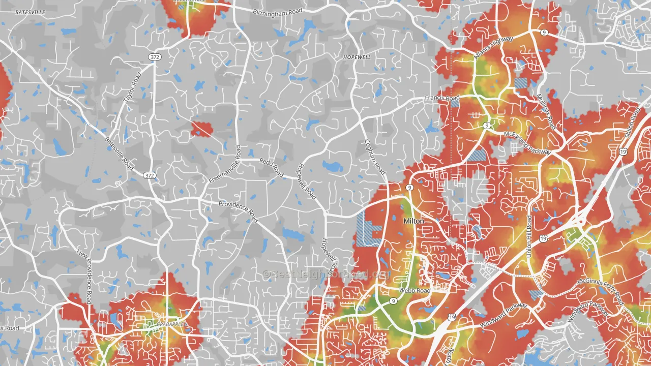 Walk Grade map of Milton, GA, walkable areas in green and car-dependent areas in red