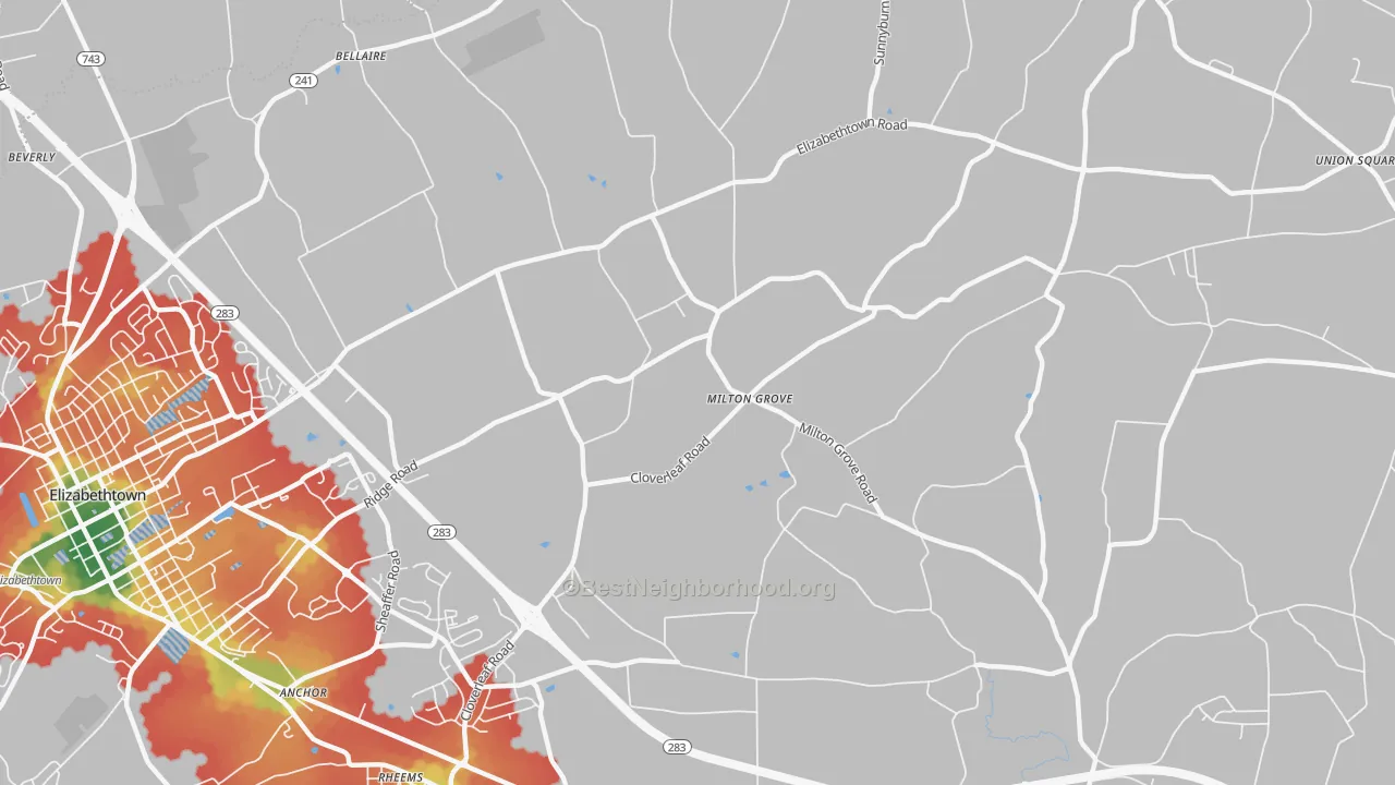Walk Grade map of Milton Grove, PA, walkable areas in green and car-dependent areas in red