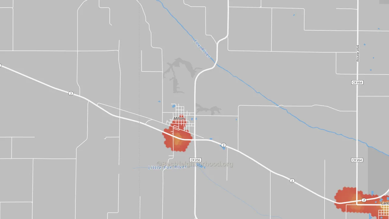 Walk Grade map of Milton, IA, walkable areas in green and car-dependent areas in red