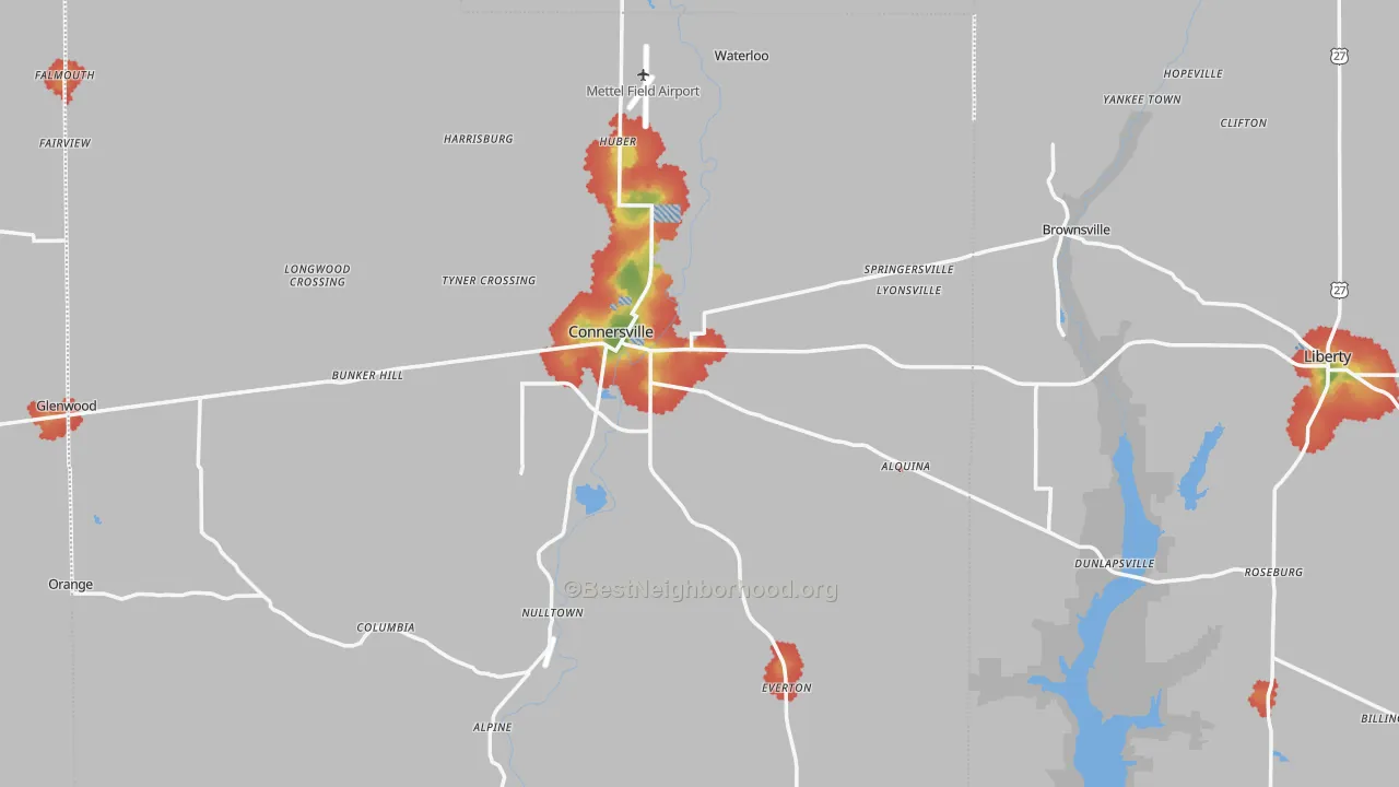 Walk Grade map of Milton, IN, walkable areas in green and car-dependent areas in red
