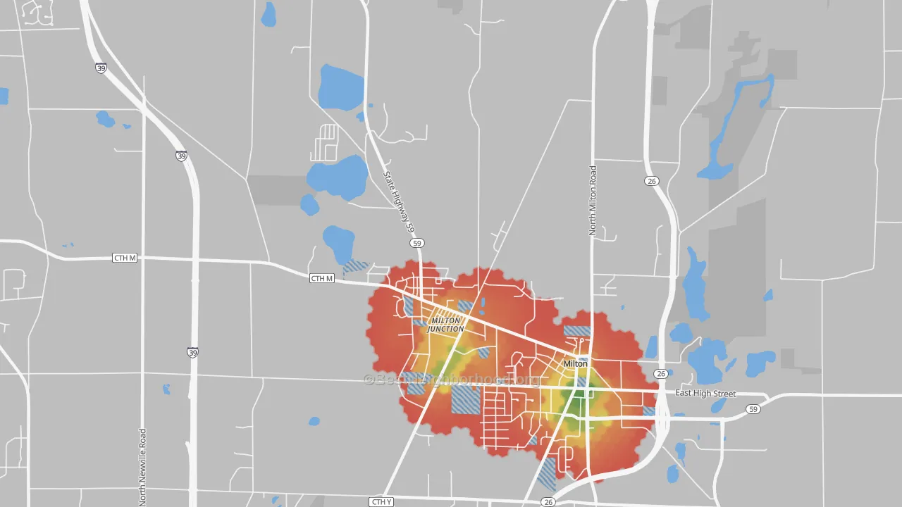 Walk Grade map of Milton Junction, WI, walkable areas in green and car-dependent areas in red