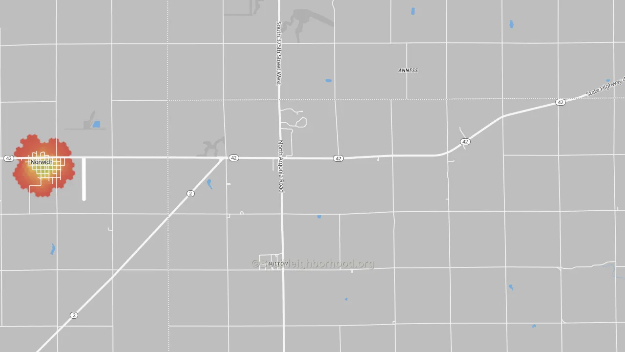 Walk Grade map of Milton, KS, walkable areas in green and car-dependent areas in red