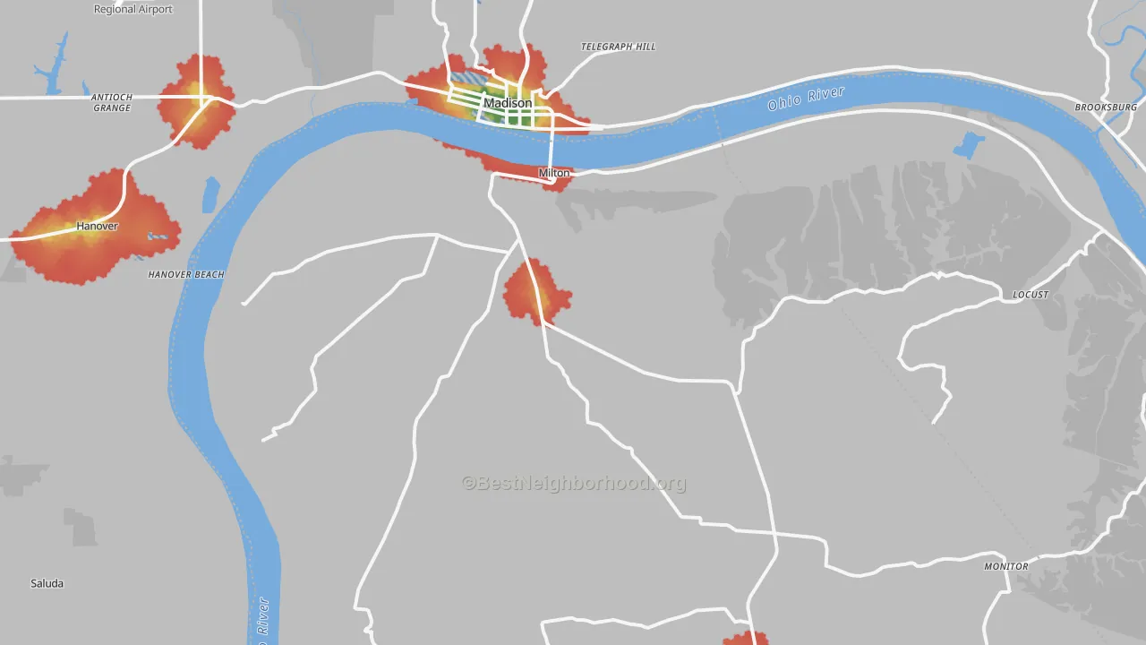 Walk Grade map of Milton, KY, walkable areas in green and car-dependent areas in red