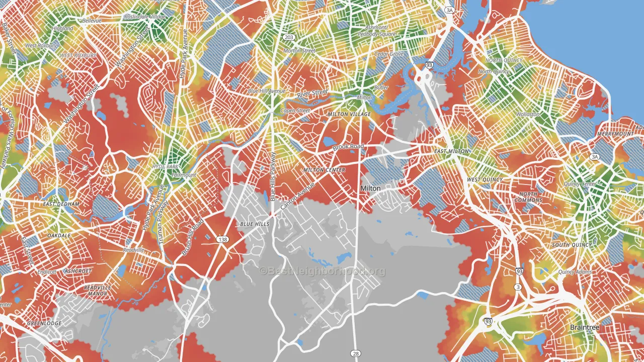 Walk Grade map of Milton, MA, walkable areas in green and car-dependent areas in red