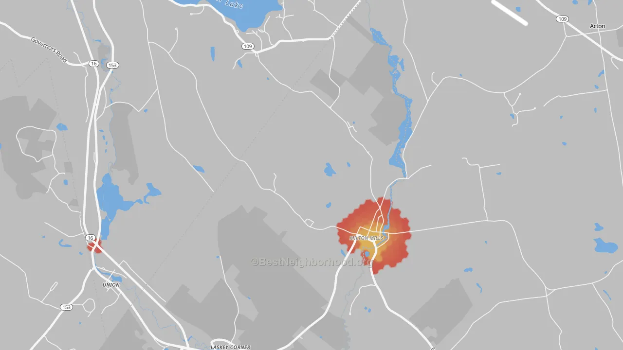 Walk Grade map of Milton Mills, NH, walkable areas in green and car-dependent areas in red