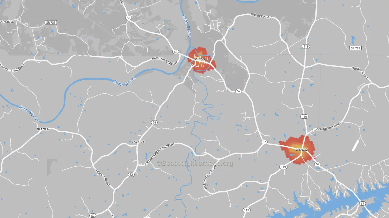 Walk Grade map of Milton, NC, walkable areas in green and car-dependent areas in red