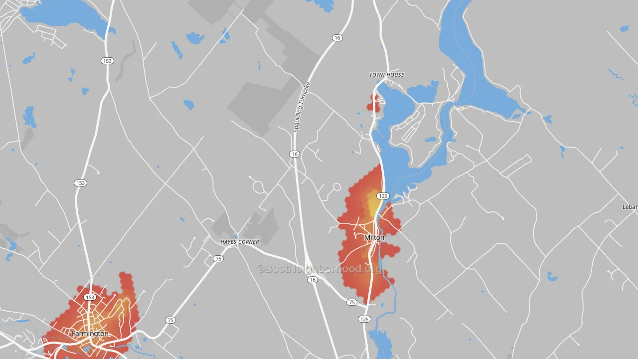 Walk Grade map of Milton, NH, walkable areas in green and car-dependent areas in red