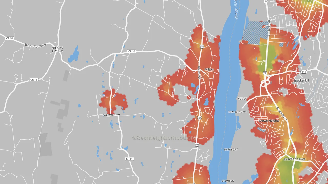 Walk Grade map of Milton, NY, walkable areas in green and car-dependent areas in red