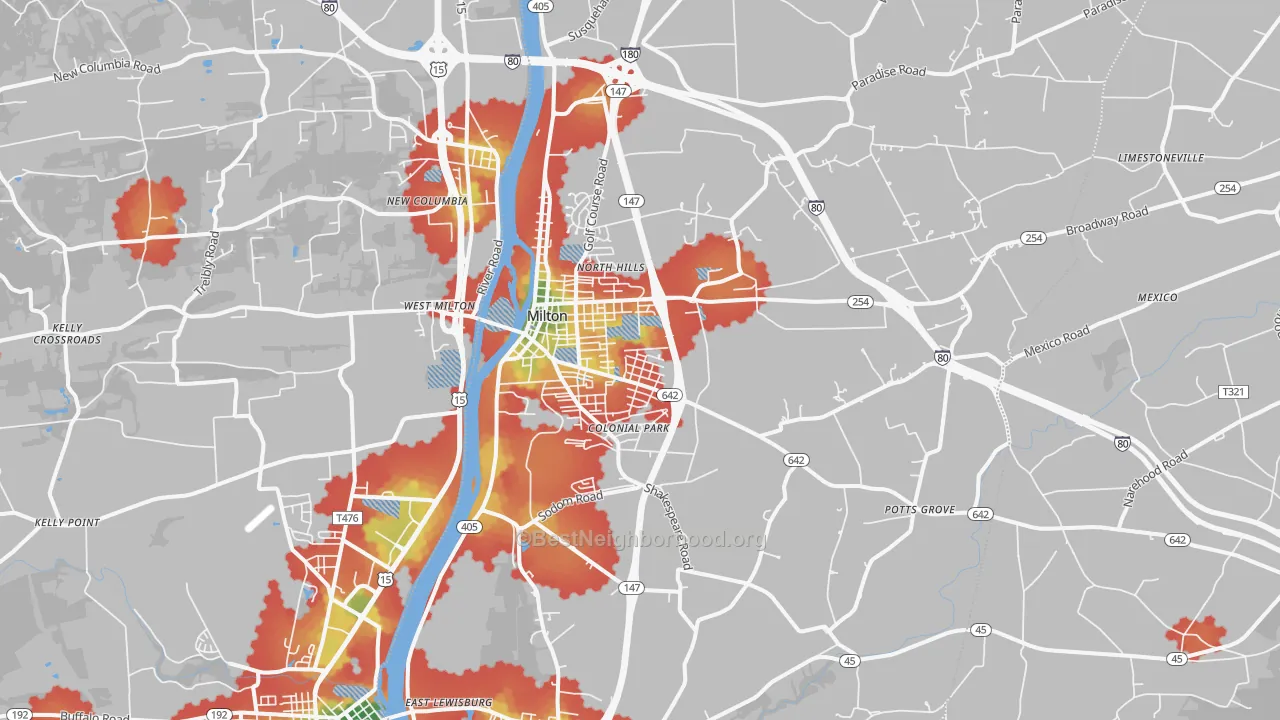 Walk Grade map of Milton, PA, walkable areas in green and car-dependent areas in red