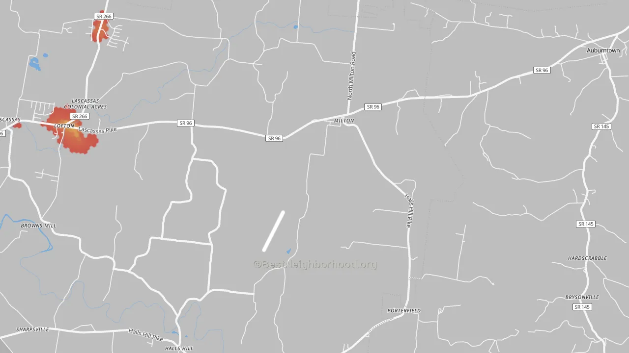 Walk Grade map of Milton, TN, walkable areas in green and car-dependent areas in red