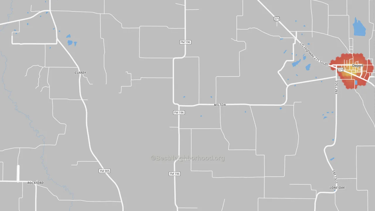 Walk Grade map of Milton, TX, walkable areas in green and car-dependent areas in red
