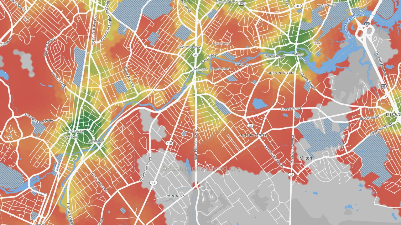 Walk Grade map of Milton Upper Mills, Milton, MA, walkable areas in green and car-dependent areas in red