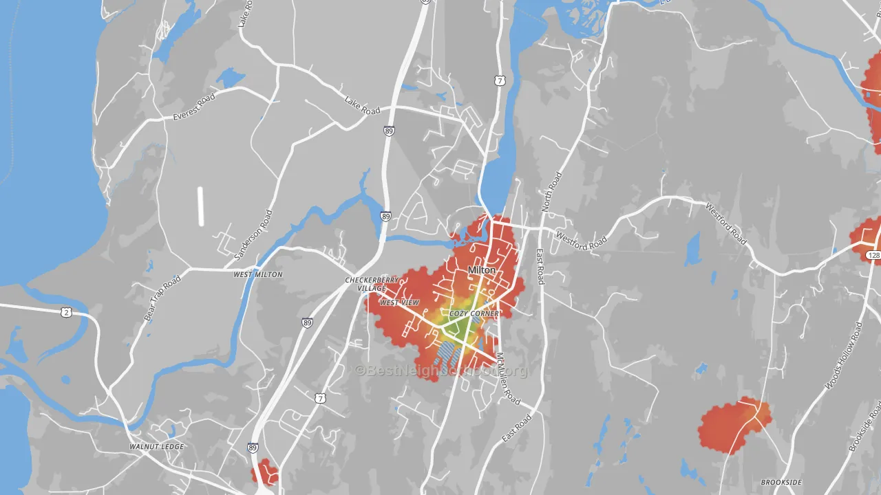 Walk Grade map of Milton, VT, walkable areas in green and car-dependent areas in red