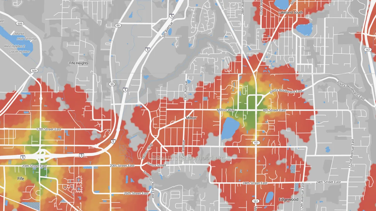 Walk Grade map of Milton, WA, walkable areas in green and car-dependent areas in red