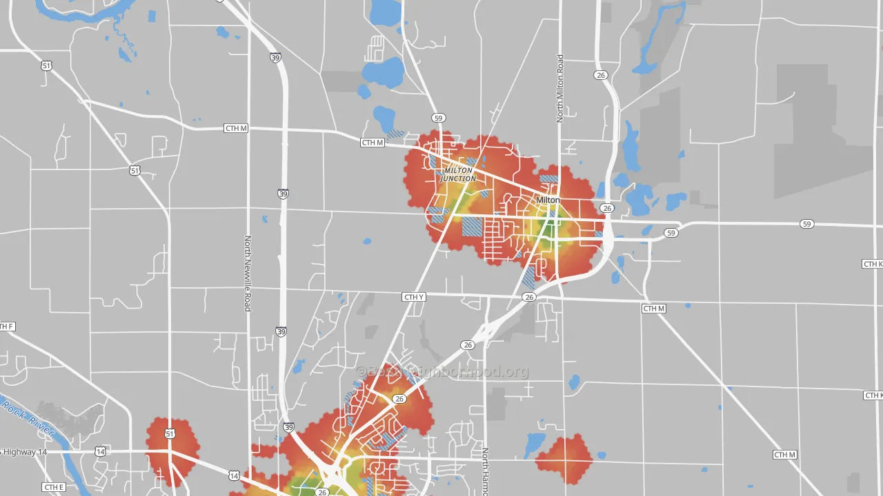 Walk Grade map of Milton, WI, walkable areas in green and car-dependent areas in red