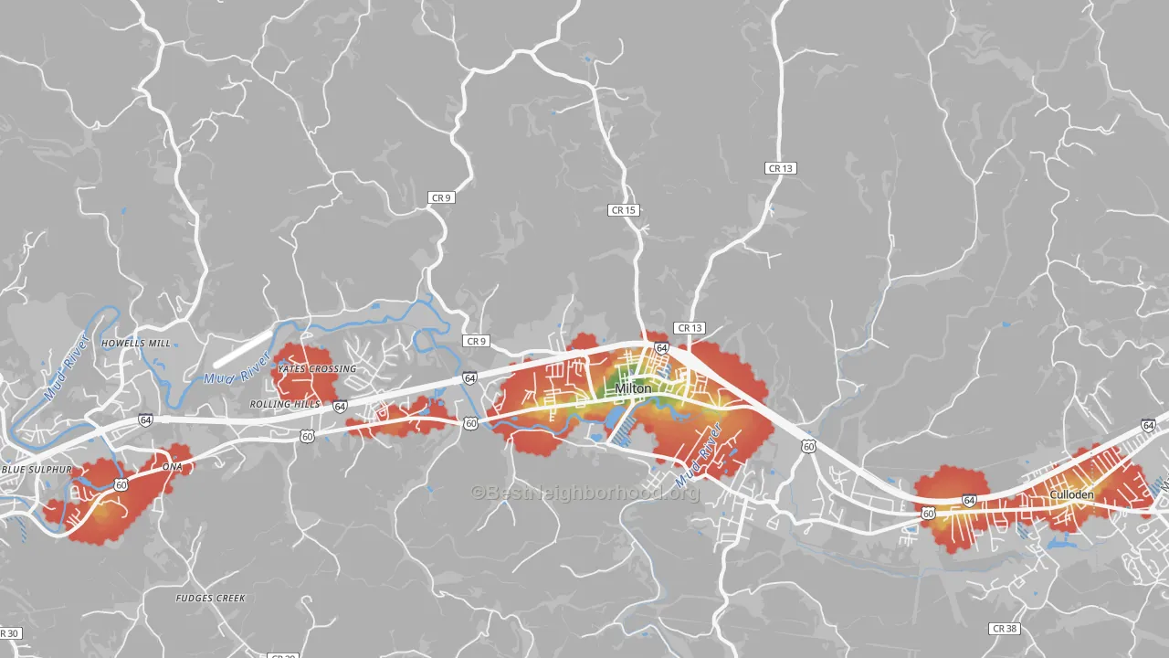 Walk Grade map of Milton, WV, walkable areas in green and car-dependent areas in red