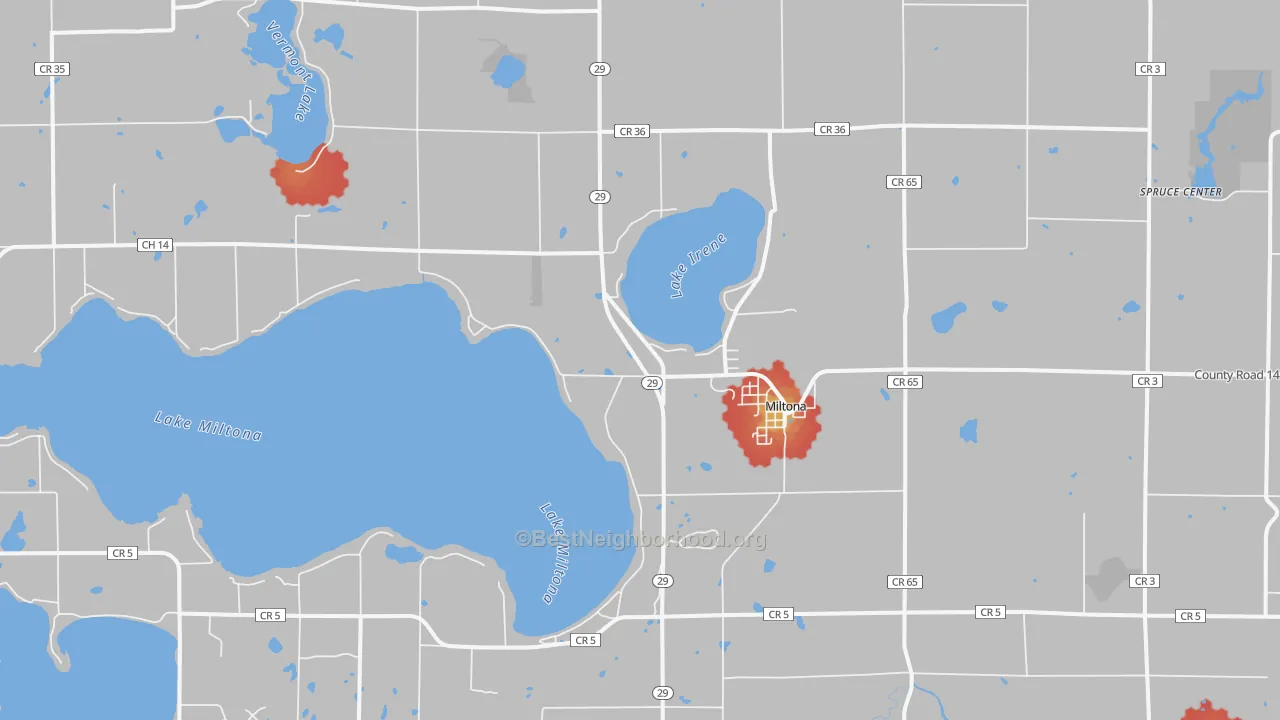Walk Grade map of Miltona, MN, walkable areas in green and car-dependent areas in red