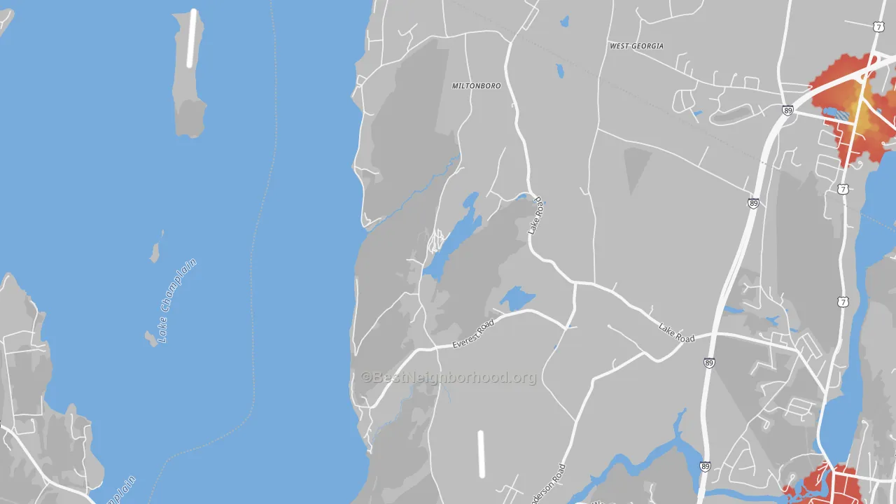 Walk Grade map of Miltonboro, VT, walkable areas in green and car-dependent areas in red