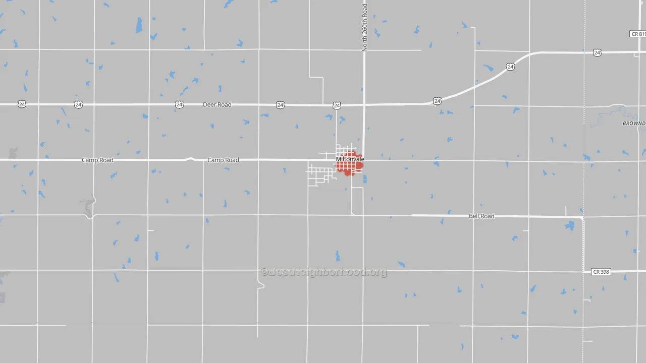 Walk Grade map of Miltonvale, KS, walkable areas in green and car-dependent areas in red