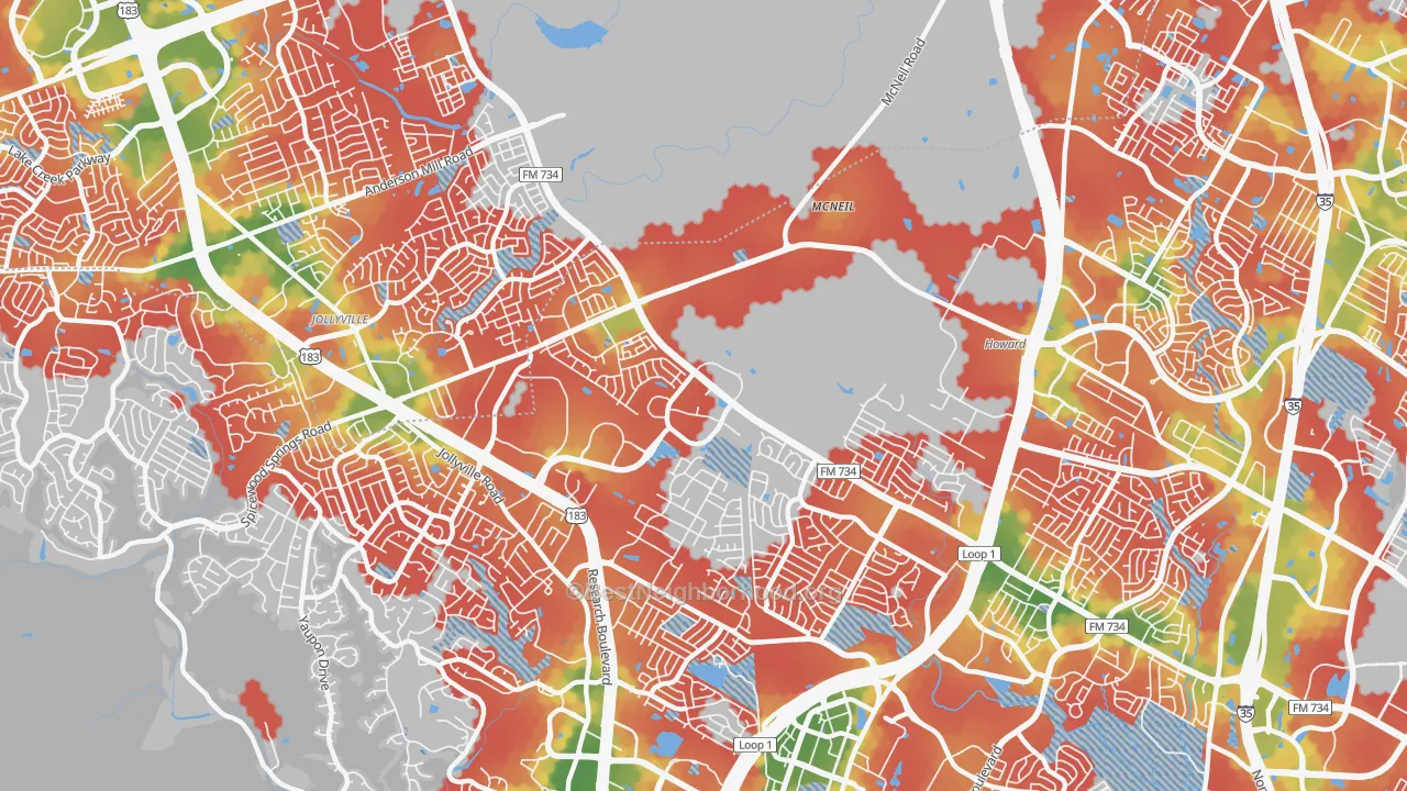 Walk Grade map of Milwood, Austin, TX, walkable areas in green and car-dependent areas in red