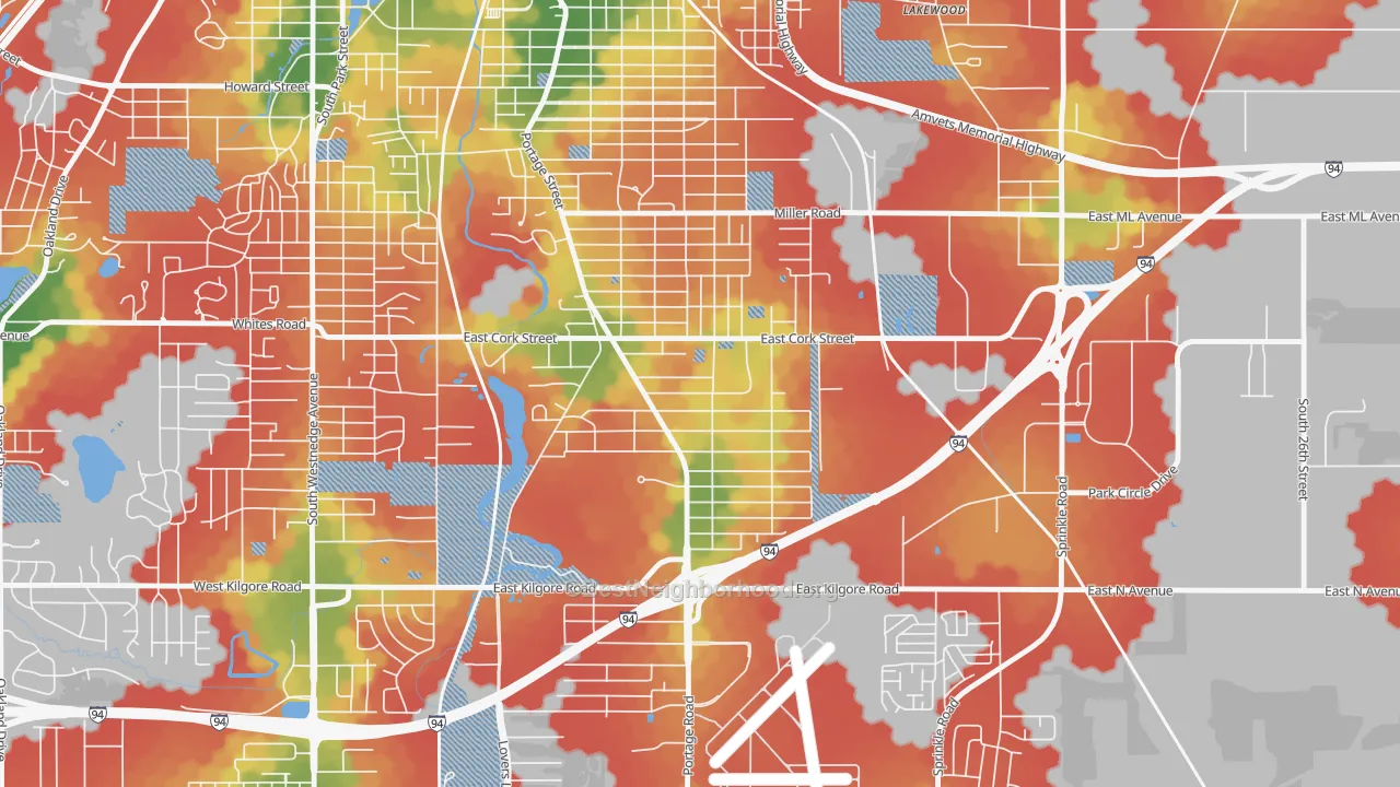 Walk Grade map of Milwood, Kalamazoo, MI, walkable areas in green and car-dependent areas in red