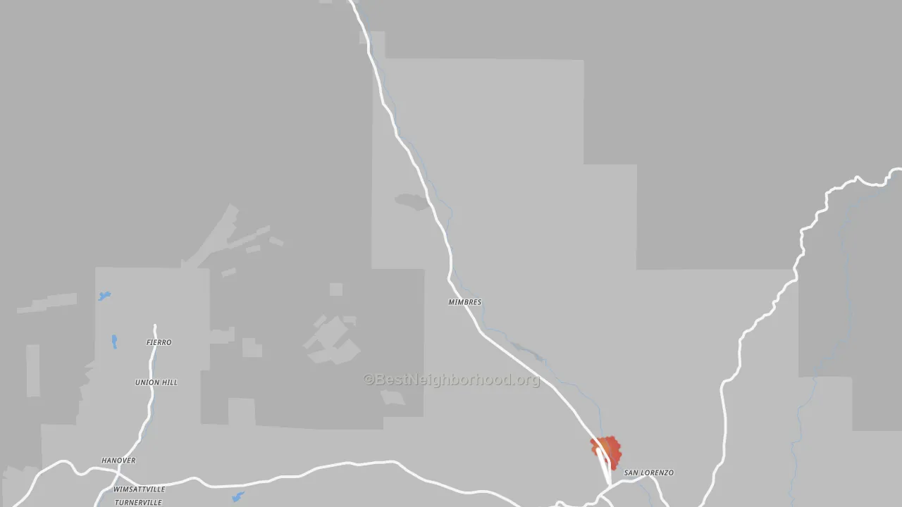 Walk Grade map of Mimbres, NM, walkable areas in green and car-dependent areas in red