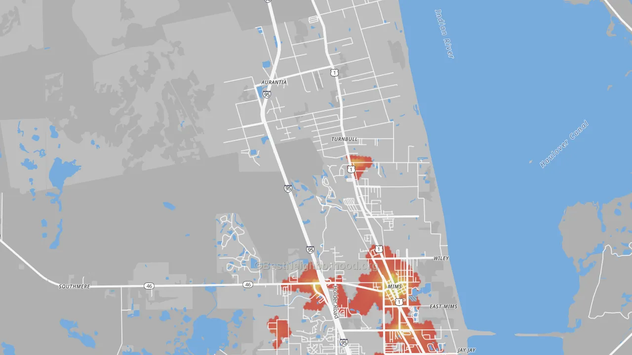 Walk Grade map of Mims, FL, walkable areas in green and car-dependent areas in red