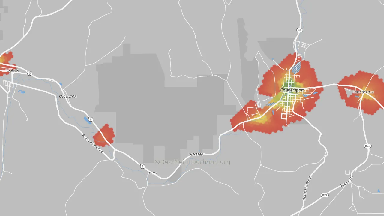 Walk Grade map of Mina, PA, walkable areas in green and car-dependent areas in red