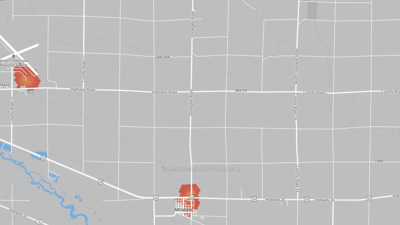 Walk Grade map of Minatare, NE, walkable areas in green and car-dependent areas in red