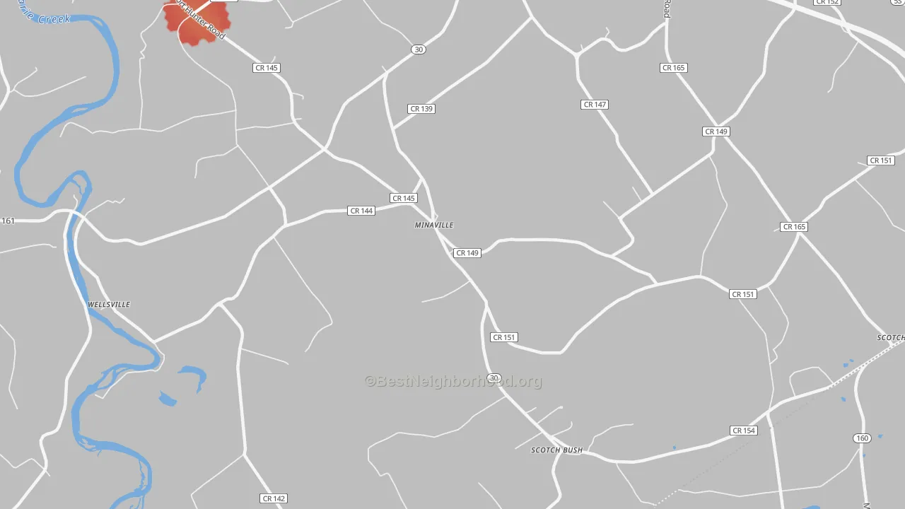Walk Grade map of Minaville, NY, walkable areas in green and car-dependent areas in red