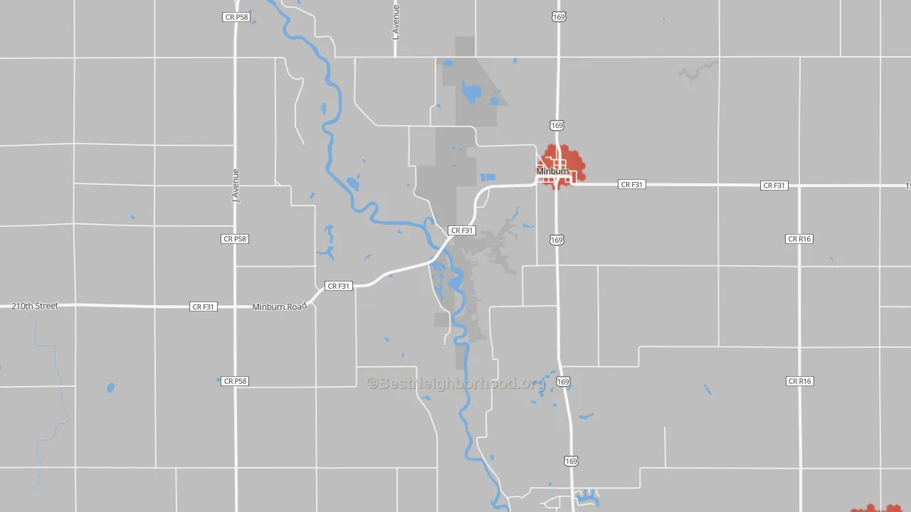 Walk Grade map of Minburn, IA, walkable areas in green and car-dependent areas in red