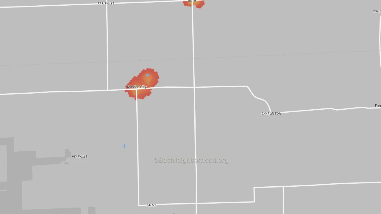 Walk Grade map of Minden City, MI, walkable areas in green and car-dependent areas in red