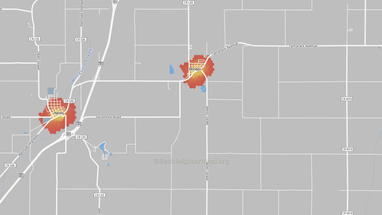Walk Grade map of Minden, IA, walkable areas in green and car-dependent areas in red