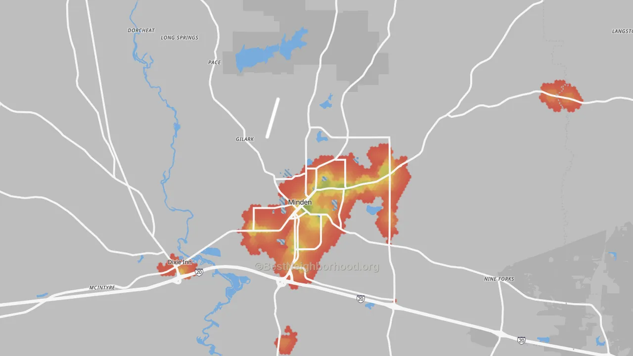 Walk Grade map of Minden, LA, walkable areas in green and car-dependent areas in red