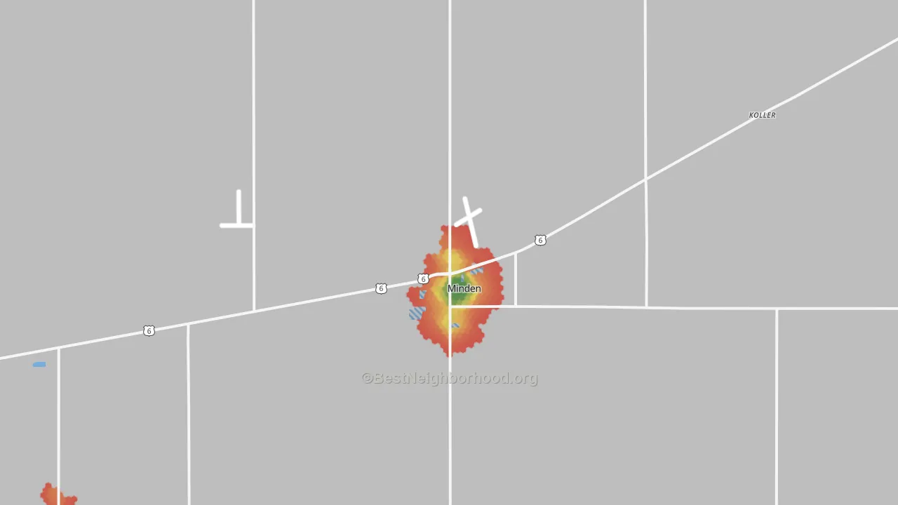 Walk Grade map of Minden, NE, walkable areas in green and car-dependent areas in red