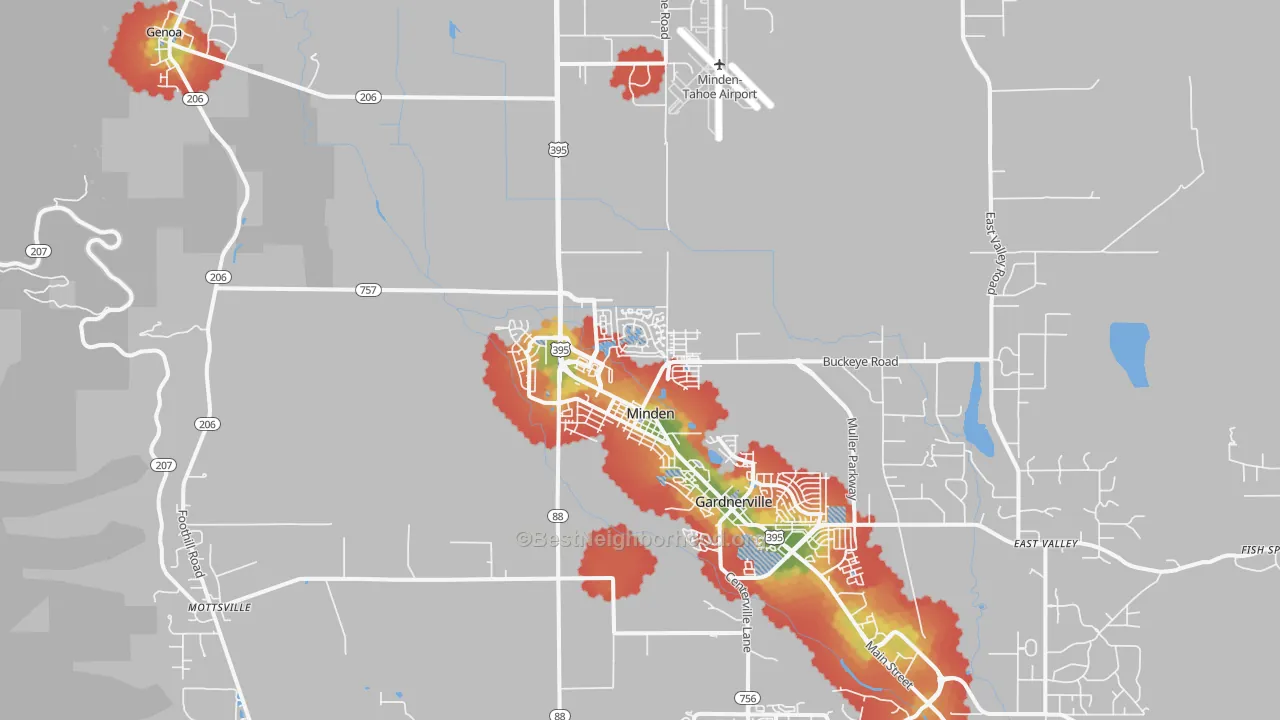 Walk Grade map of Minden, NV, walkable areas in green and car-dependent areas in red